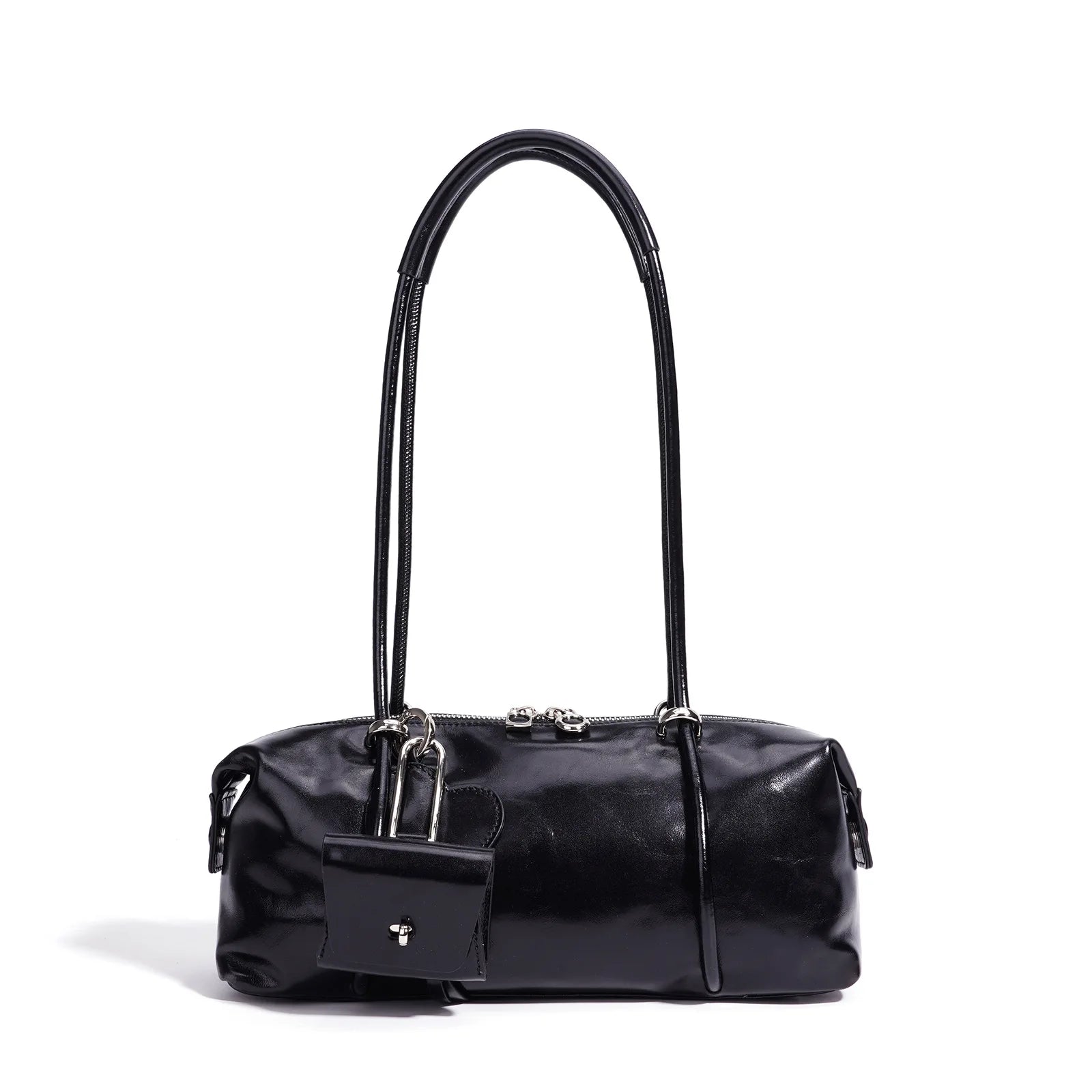 Black designer Boston underarm shoulder bag in luxe, glossy leather with minimalist pillow shape and silver zipper.