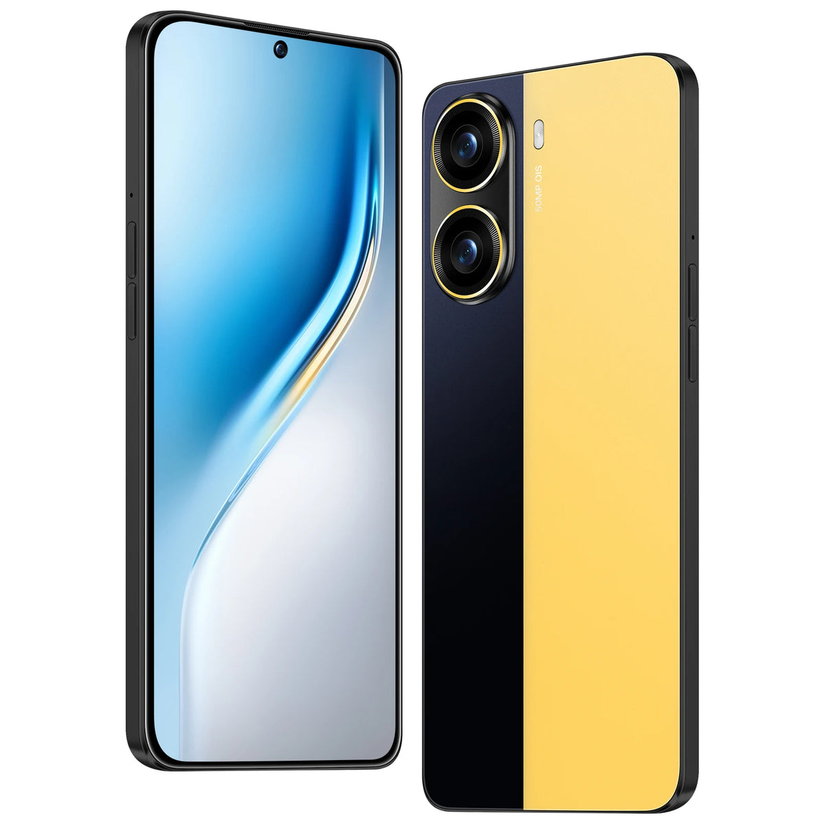Two smartphones: blue front and yellow back, dual rear cameras