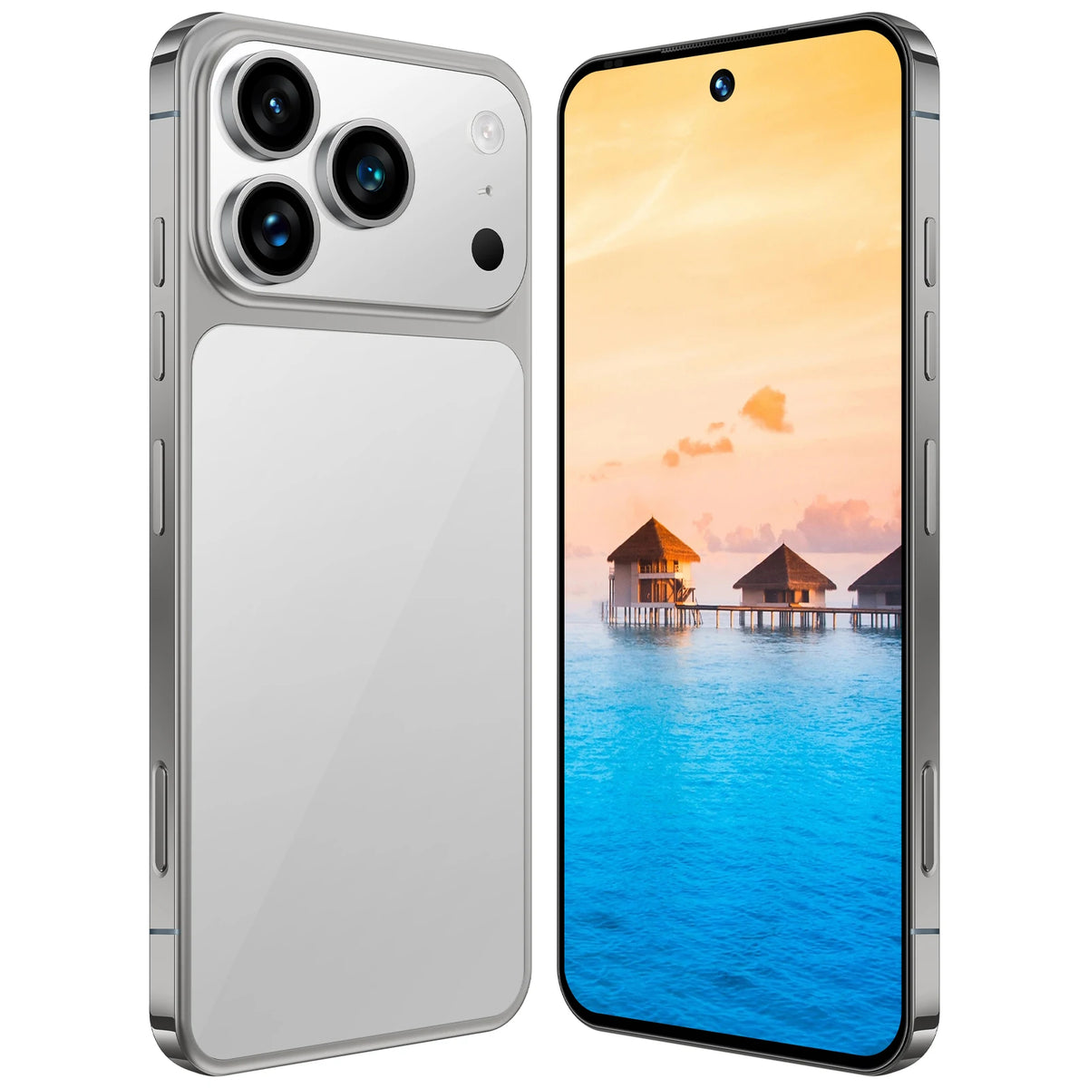 Silver smartphone front and back view with triple-lens rear camera and curved screen.