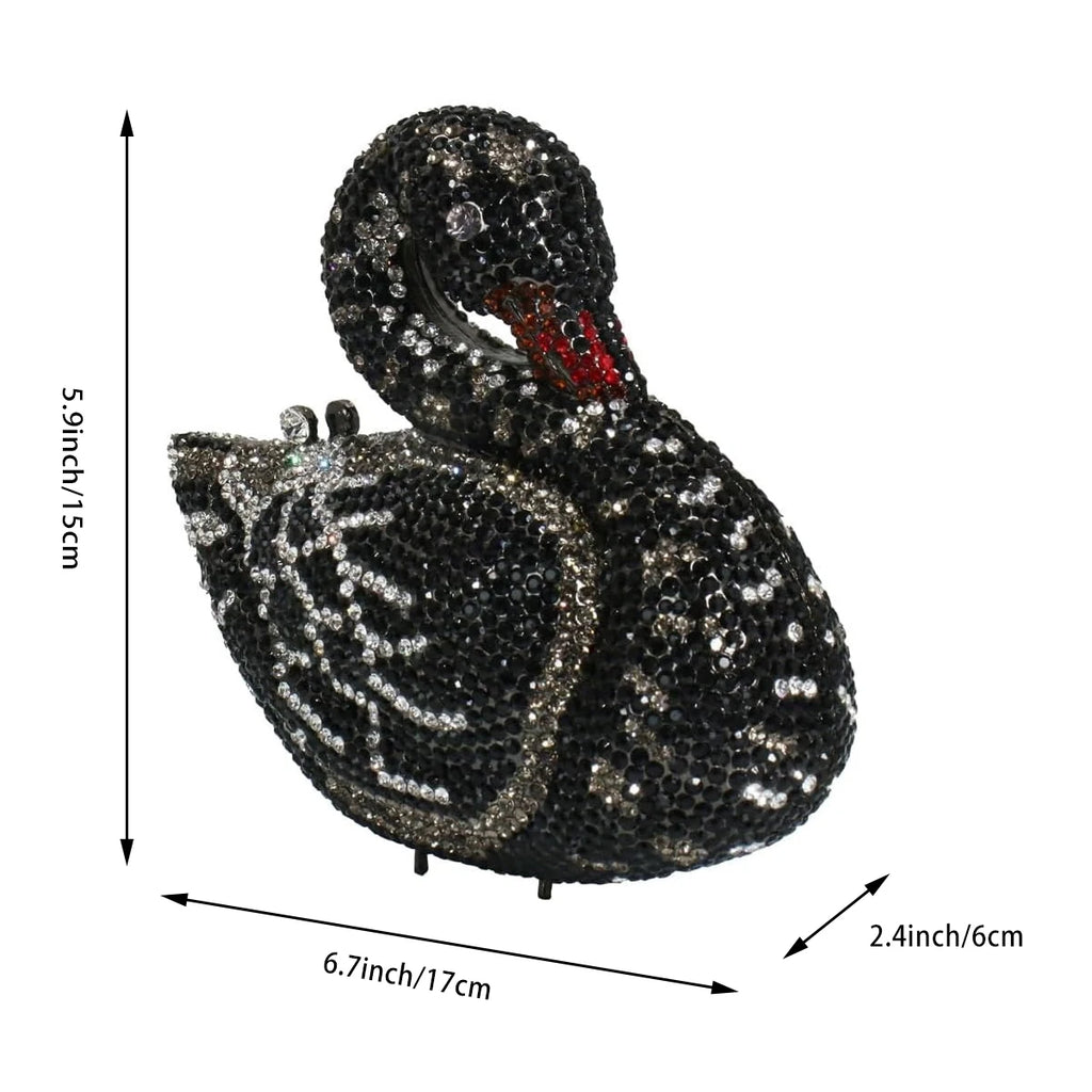 Black swan crystal evening clutch, luxury rhinestone-encrusted designer handbag for formal bridal and prom events.