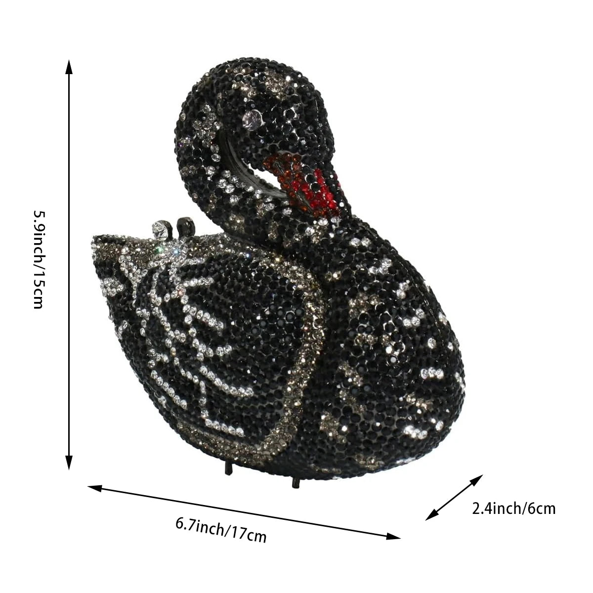 Black swan crystal evening clutch, luxury rhinestone-encrusted designer handbag for formal bridal and prom events.