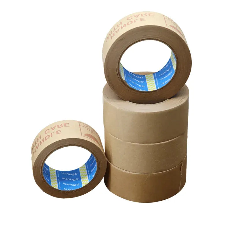 Brown kraft packing tape rolls with visible inner cores and blue printed center tape