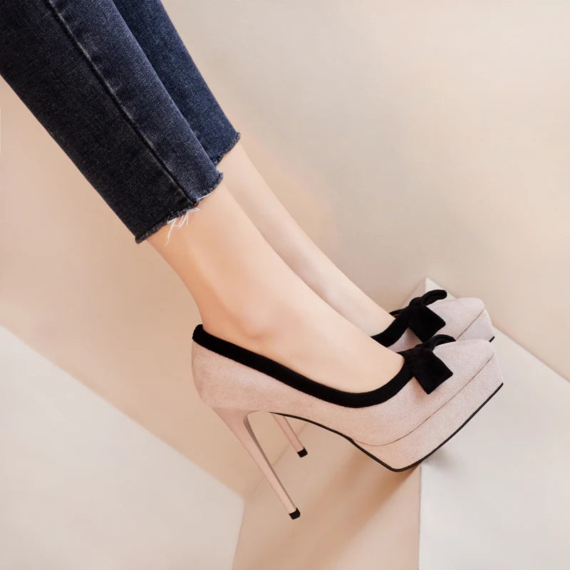 2026 Women's Pointed Toe Stiletto Heel Platform Velvet Upper Imitation Leather Lining Microfiber Midsole Rubber Outsole Pumps