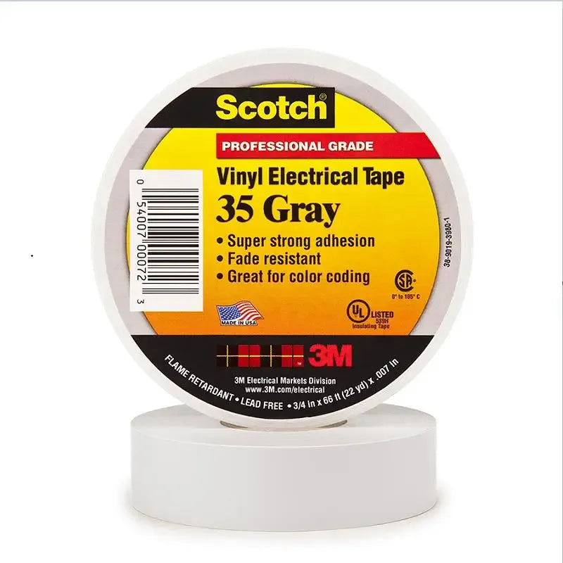 Vinyl electrical tape roll in gray, PVC insulation, pressure-sensitive, 19 mm width