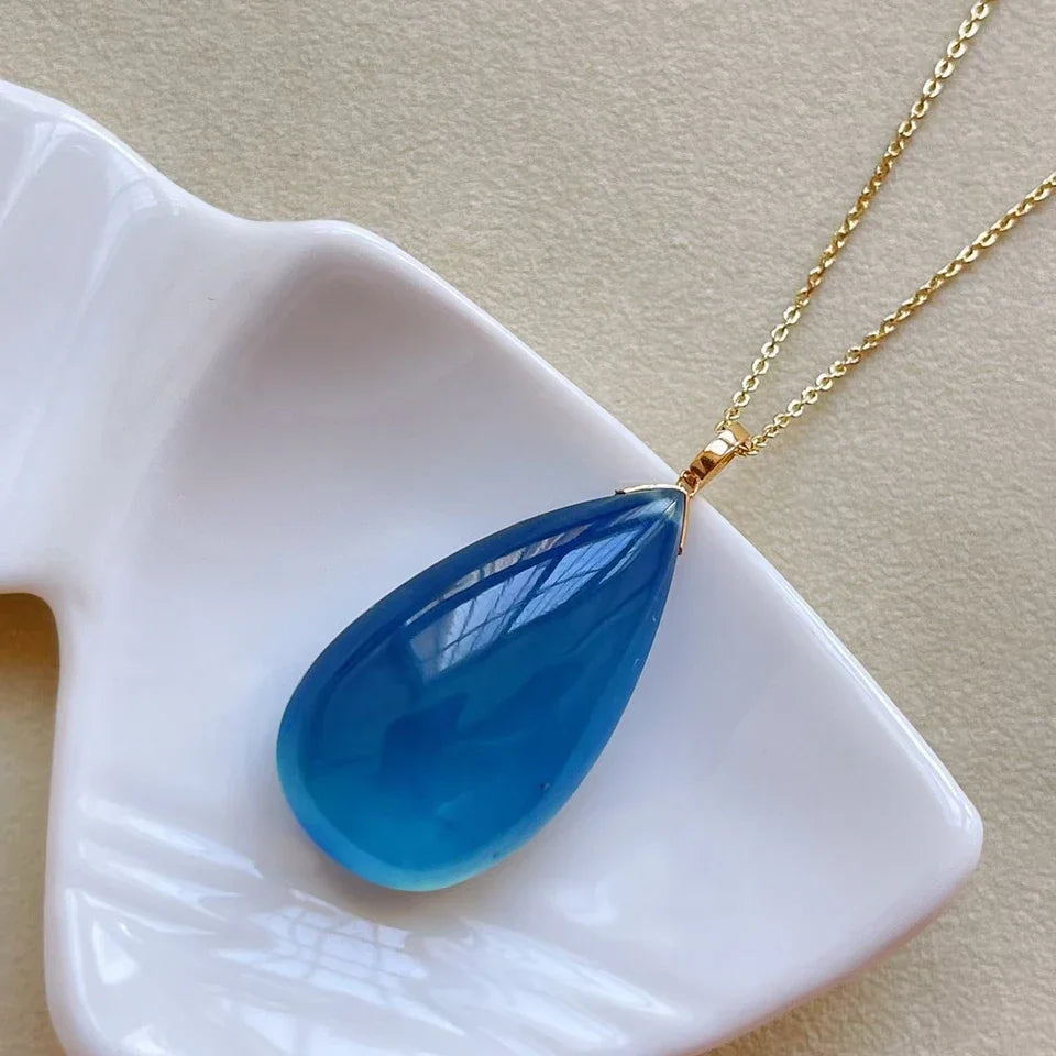 Natural Blue Aquamarine Pendant for Women Men 30mm Crystal 18K Gold Brazil Water Drop Healing Crystal Gemstone Silver Chains