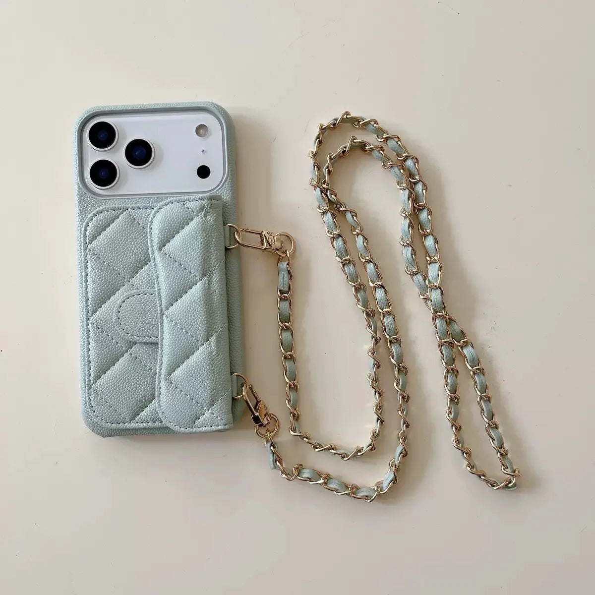 High End Embossed PU Leather Solid Color Crossbody Chain Wallet Card Anti-drop Cover Mobile Phone Cases for 15 Pro