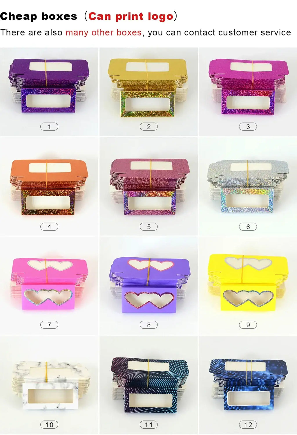 A grid of 12 colorful, patterned eyelash storage boxes with clear display windows, numbered for reference.