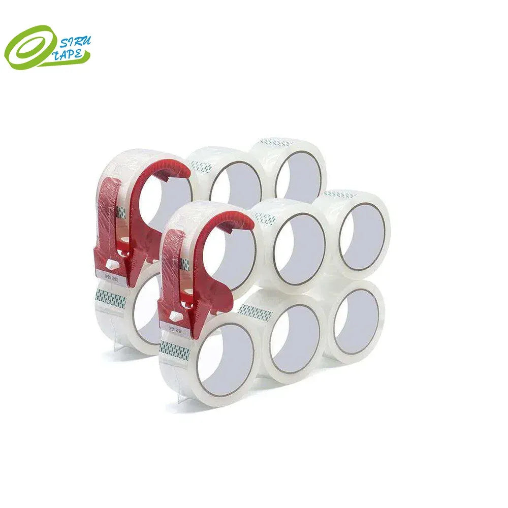 Clear packing tape rolls with red handheld dispenser