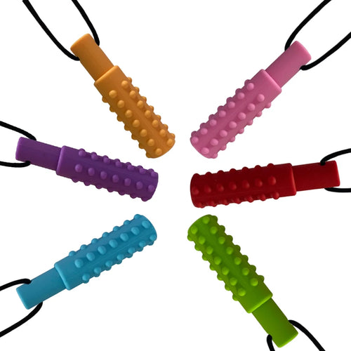 Multi-colored silicone teething toy necklaces for baby teething relief.