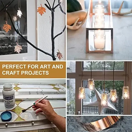 Copper foil tape rolls shown with crafting materials in a project collage