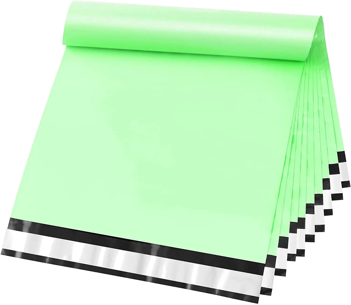 Bright green poly mailer bags stack with silver strip seal