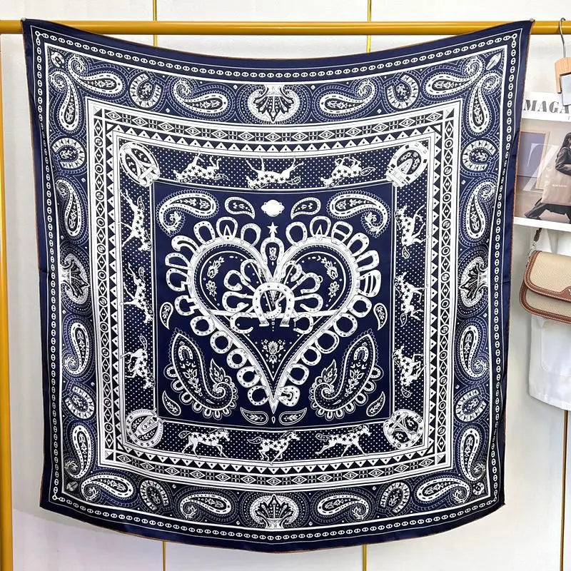105cm Silk Crepe Satin Square Scarf Heart Paisley Mulberry Silk Head Scarves Shawl with Hand Rolling Hem