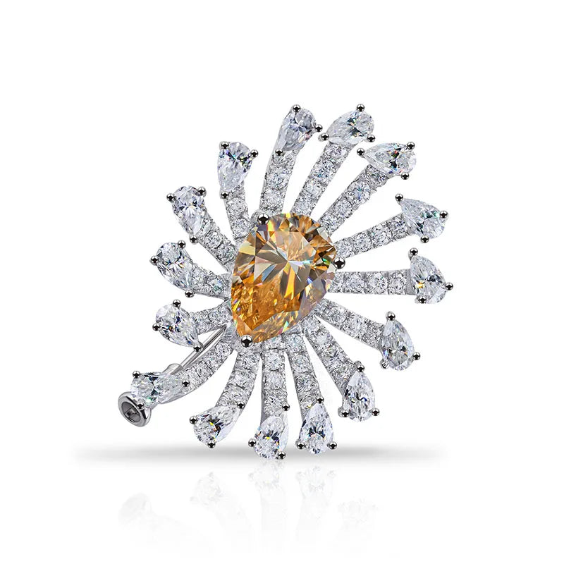 GIGAJEWE 9x13mm Pear Cut Cyan Brown Moissanite Sunburst Brooch 925 Sterling Silver Luxury Animal Flower Lapel Pin for Women