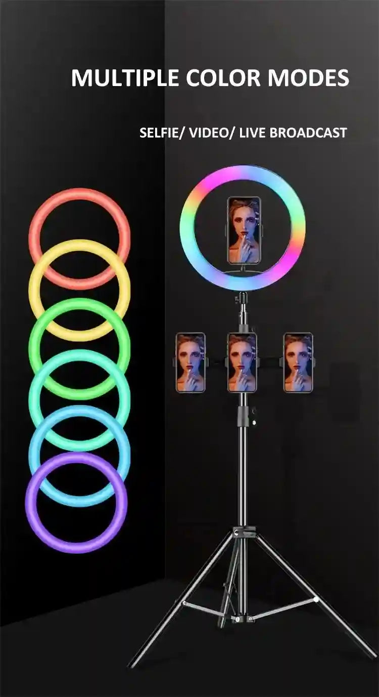RGB LED ring light on a tripod stand with multiple phone mounts for selfies, video, and live streaming.