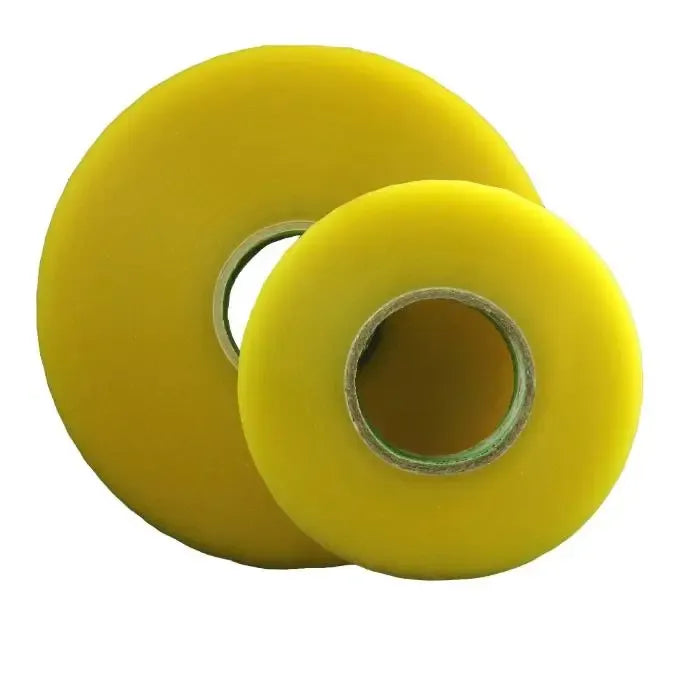 Two yellow packing tape rolls with visible cardboard core, overlapping view