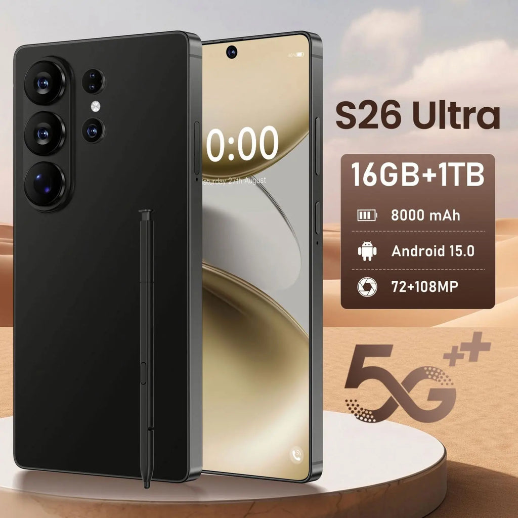 Close-up of S26 Ultra smartphone showing sleek frame, side buttons, and charging port in premium finish.