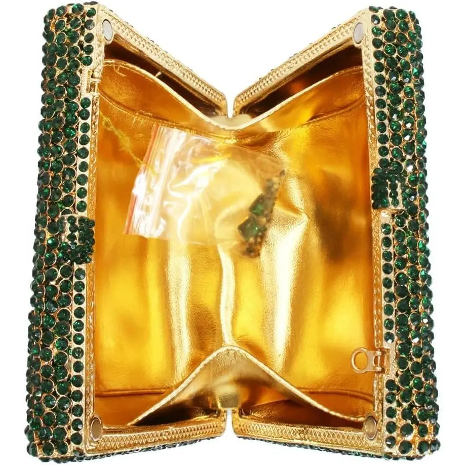 Emerald green rhinestone evening clutch with gold frame and metallic interior. Elegant designer handbag for weddings.