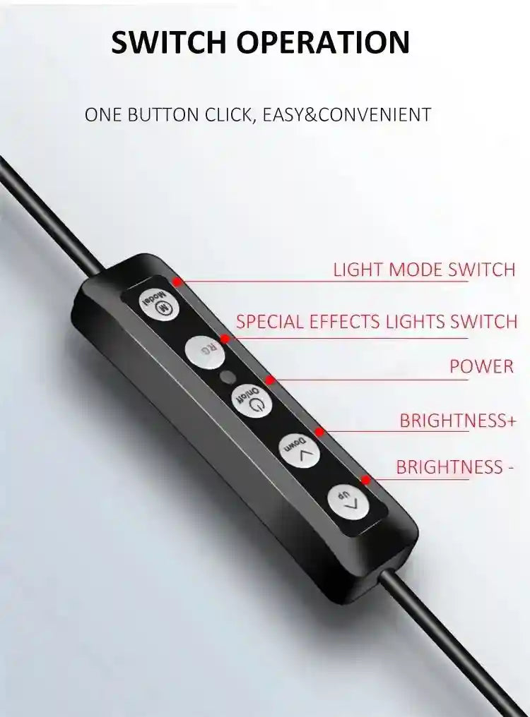 Black wired inline controller with five circular buttons for power, brightness, and light mode adjustments.