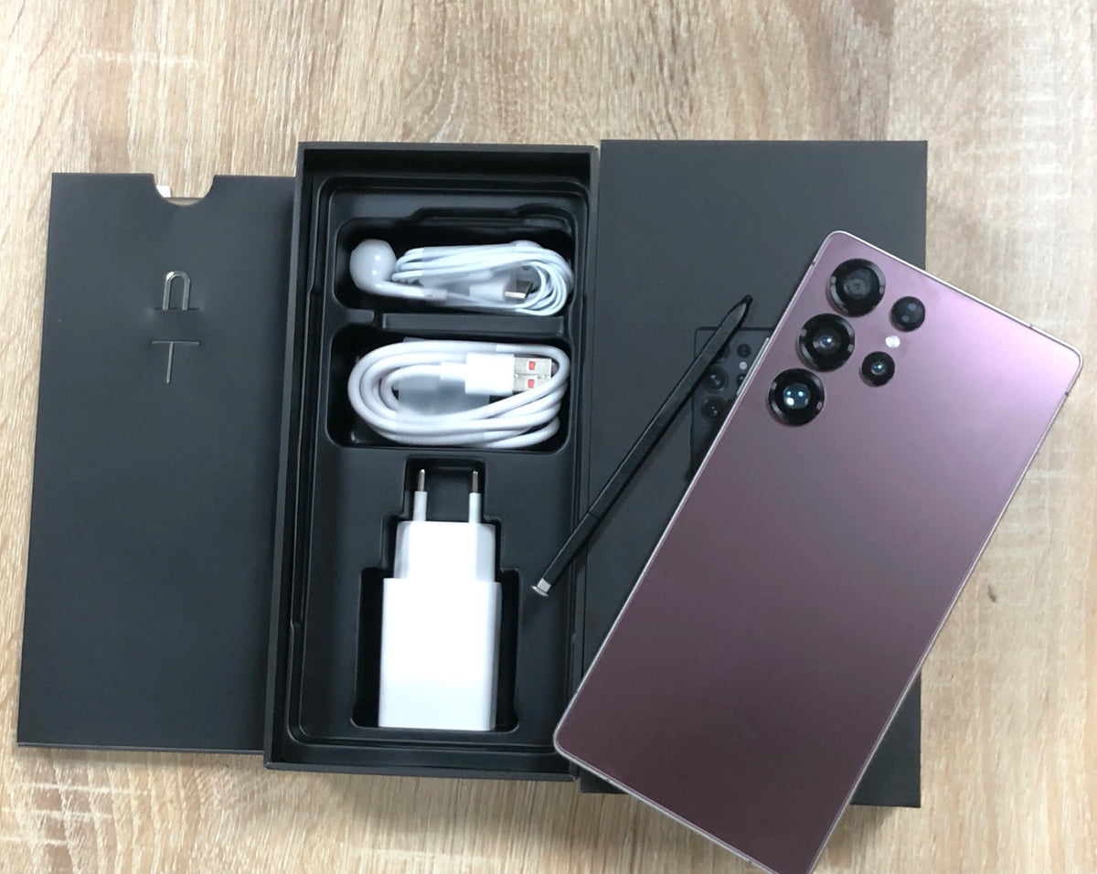 Purple smartphone with quad rear cameras, in box with charging cable and adapter