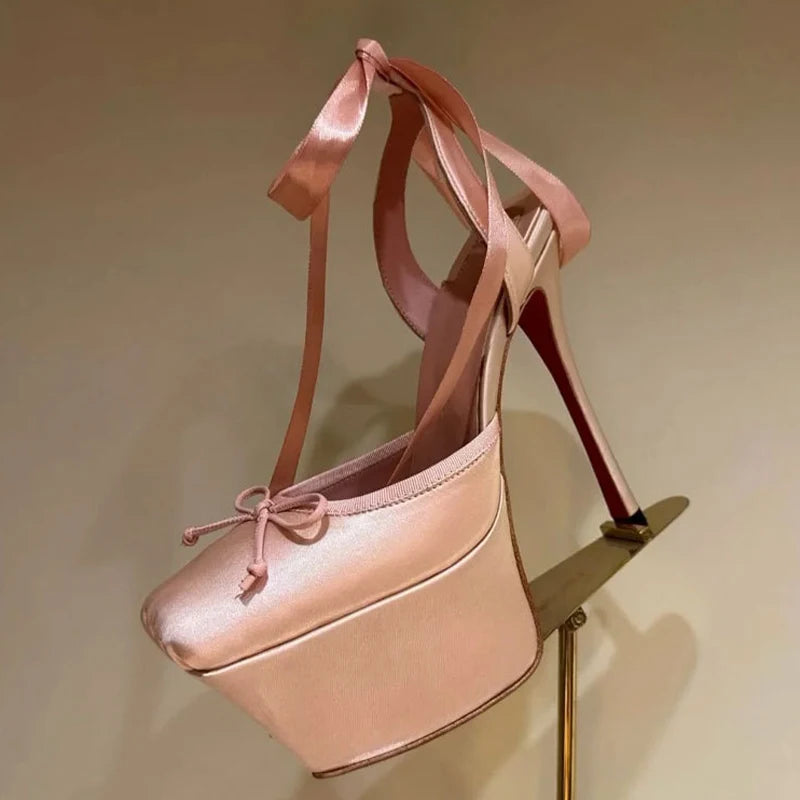 New Colors Women Silk Platform High Heels Stiletto Summer Square Toe Front Bow Shoes Ankle Cross Lace up Dress Wide Fit Pumps