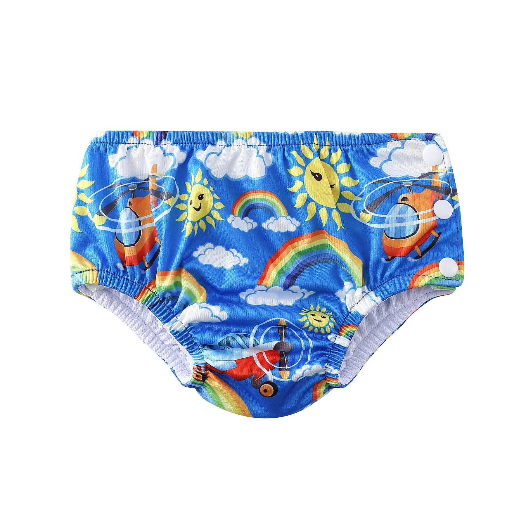 Reusable baby swim diaper in blue with helicopter, sun, and rainbow print featuring side snap closures.