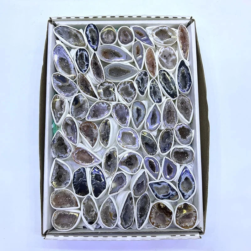 Agate geode crystal slice gift box filled with mixed dark gray and blue stones