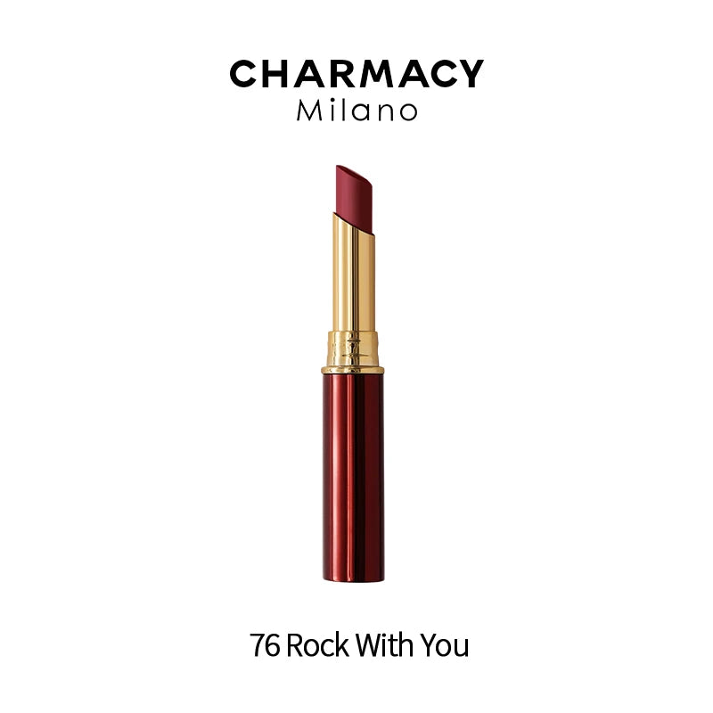 Charmacy Milano long-lasting velvet matte lipstick in shade 76 Rock With You, a waterproof red lip makeup.