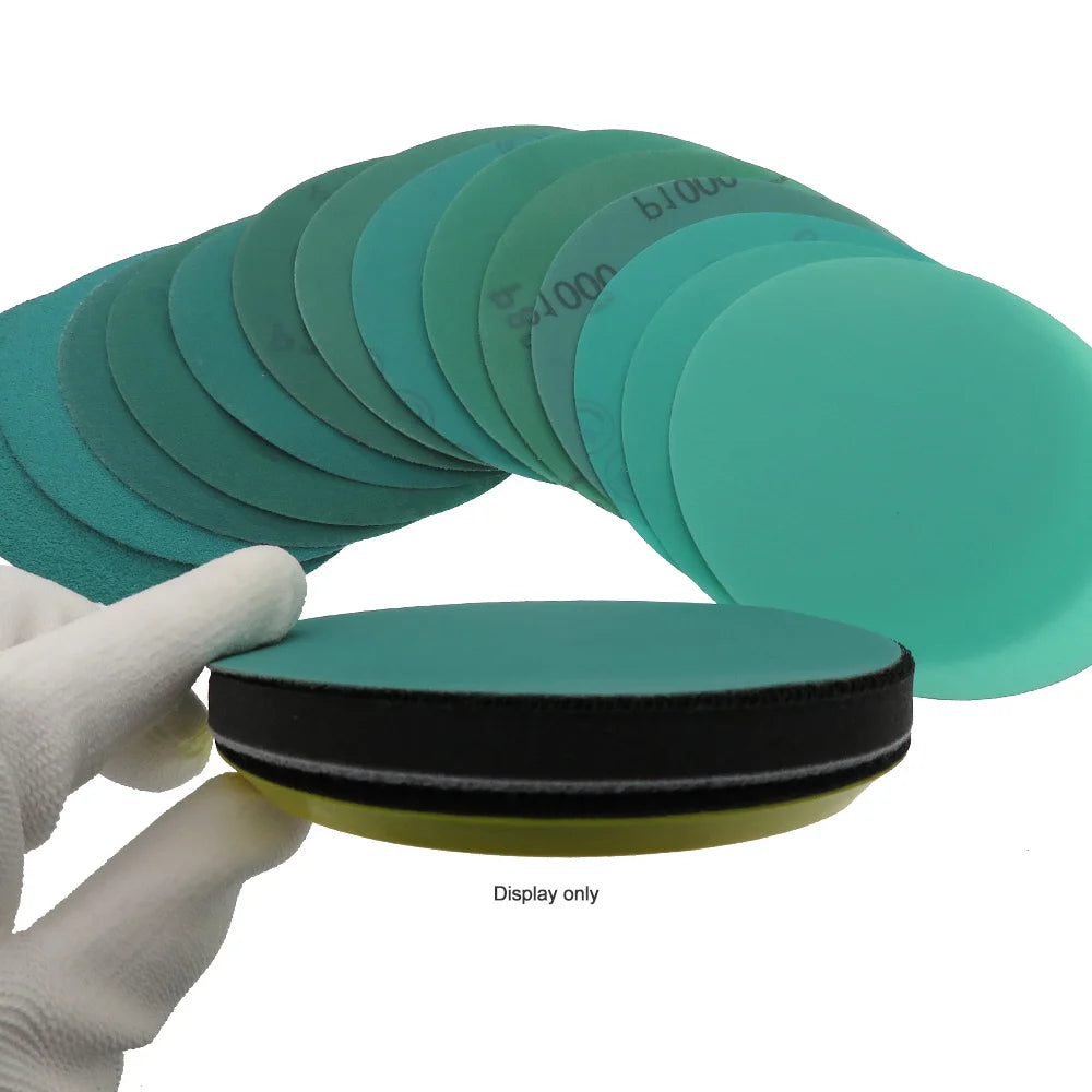 6-inch green PET film sanding discs, 60-2000 grit hook and loop sandpaper for wet and dry car polishing and finishing.