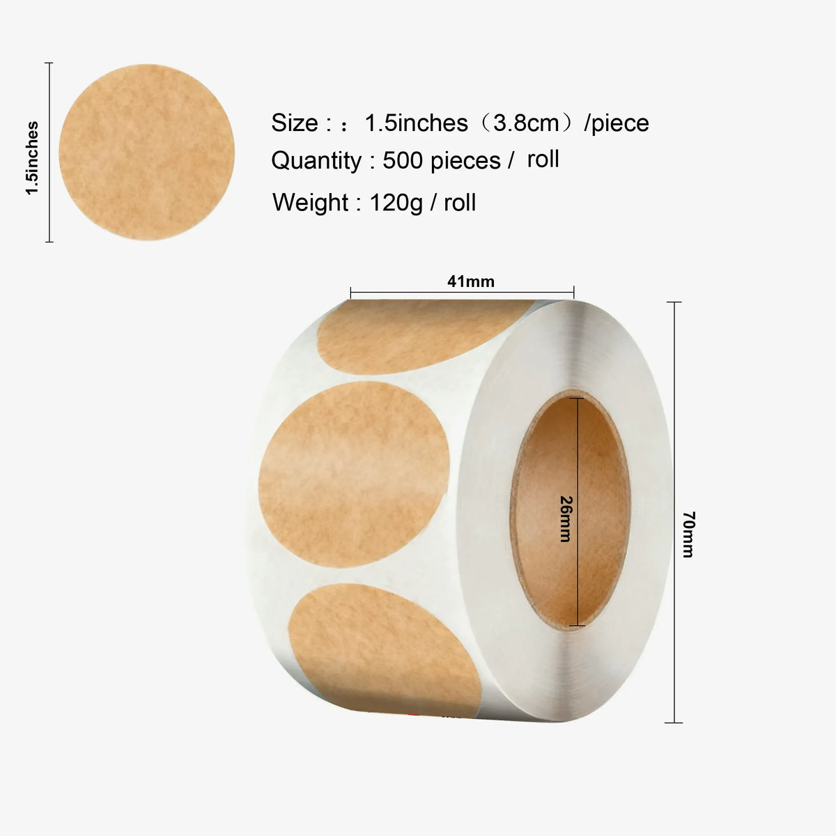 Kraft paper roll labels, blank round kraft circles and printed dots, self-adhesive
