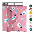 Light pink Christmas poly mailer bag with snowman and candy cane print, set of 2 shown