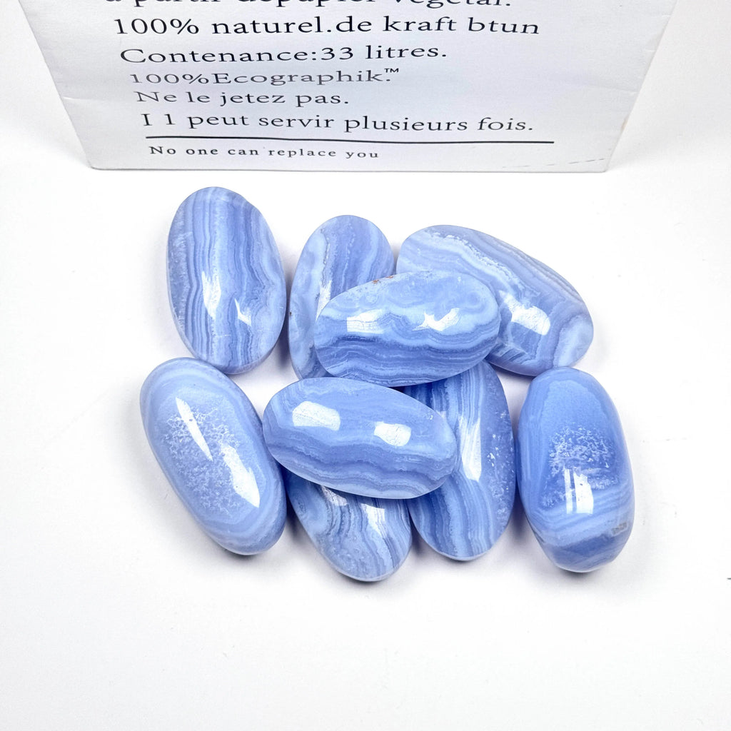 Blue lace agate palm stones, smooth oval tumbled gemstones with light and dark blue wavy bands