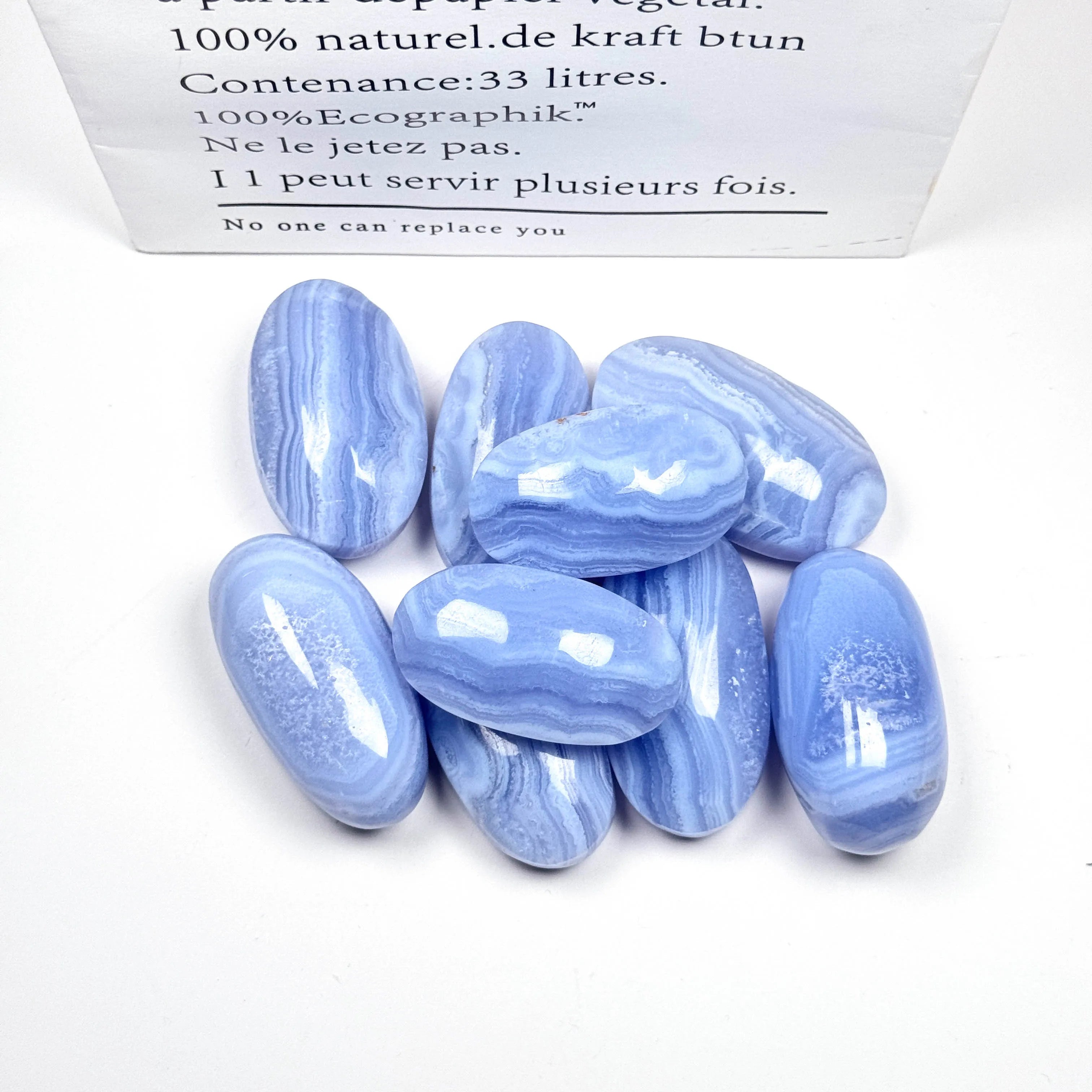 Blue lace agate palm stones, smooth oval tumbled gemstones with light and dark blue wavy bands