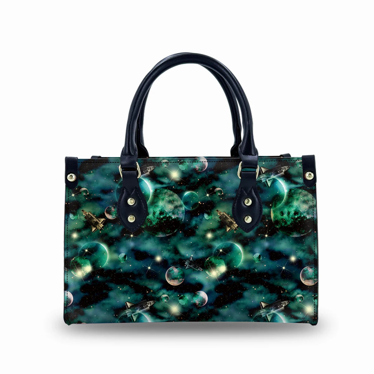 Trendy faux leather trunk handbag with galaxy space print, dark blue handles, and gold accents. Small shoulder bag.