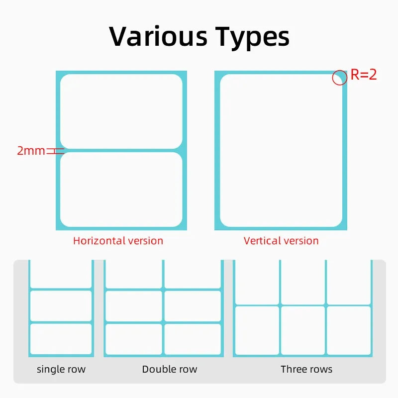Blank thermal label layout options: horizontal/vertical rectangles, single to three rows