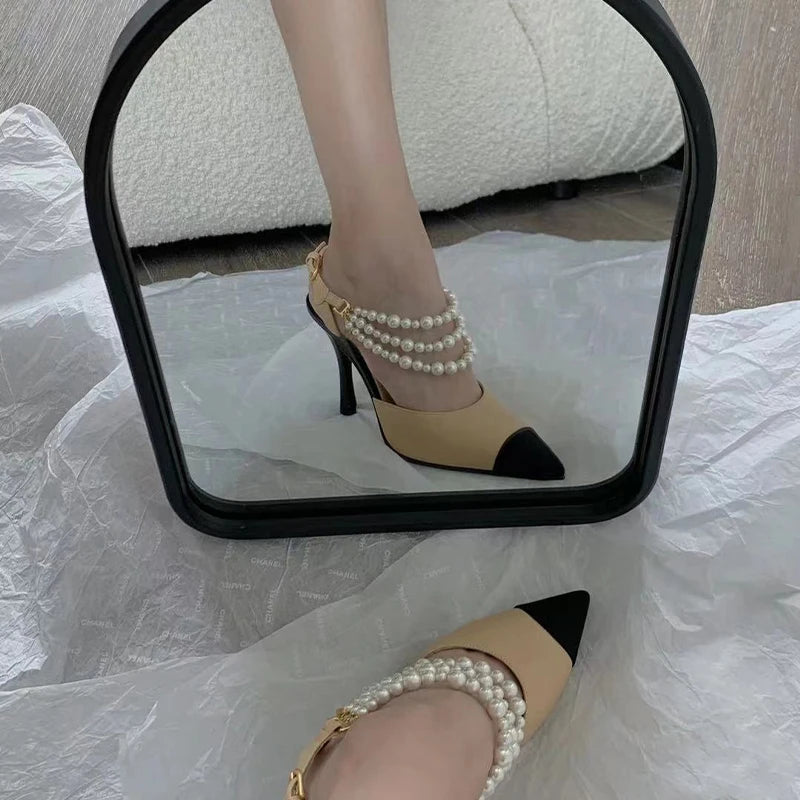 2026 Summer New Pointed High Heels Color Blocked Pearl Chain Toe Women's Sandals