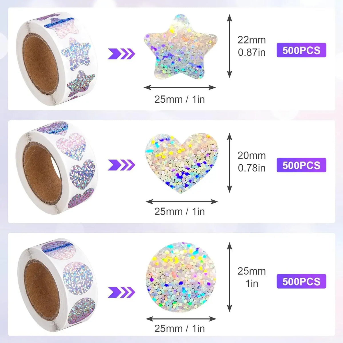 Holographic vinyl sticker roll with heart and star hologram glitter labels, waterproof