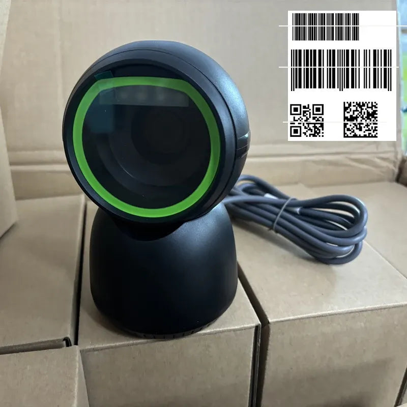 Hands-free desktop barcode scanner, black base with green ring lens and USB cable