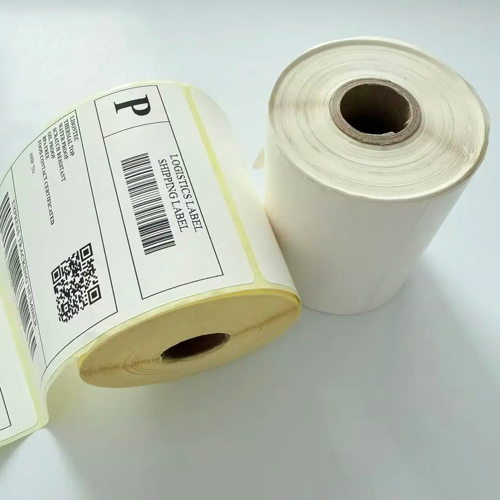 White thermal label rolls, logistics labels with barcode and QR