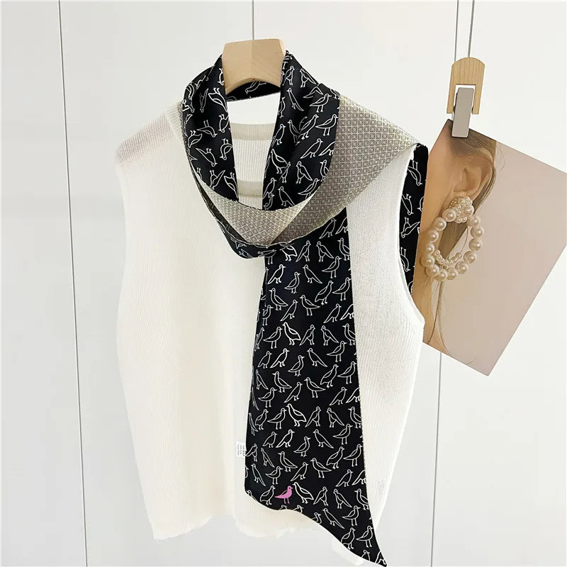 Newest Designs 100% Mulberry Silk Neck Scarf Stylish Long Scarves Oblique Satin Elegant Pure Silk Scarf for Women
