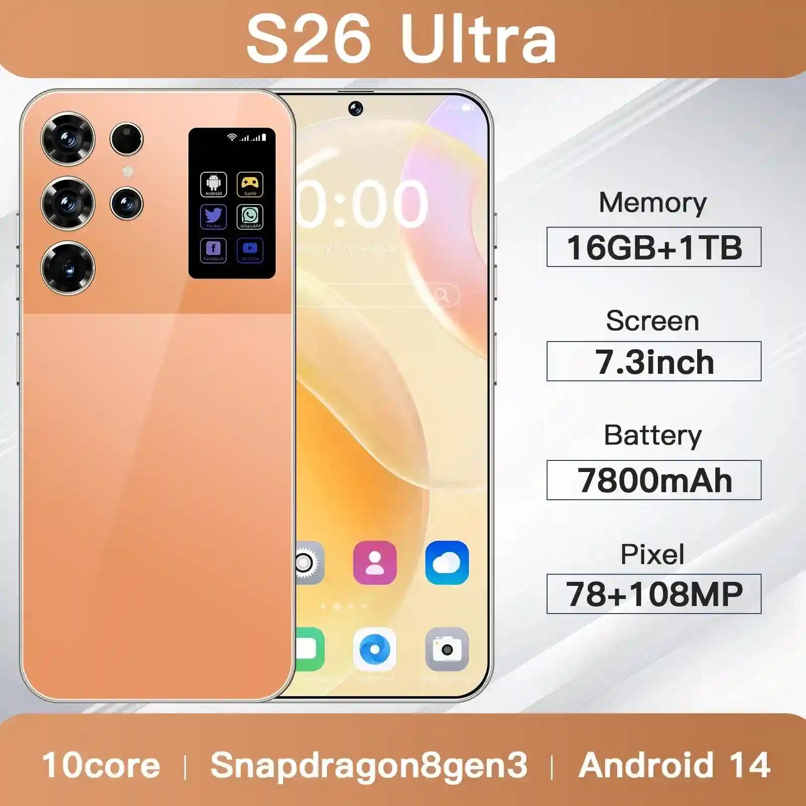 S26 Ultra 5G Smartphone, 16GB RAM, 1TB Storage, Dual SIM, Orange Tidesmit