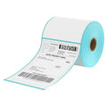 Thermal shipping label roll, white labels with cyan border and perforation line