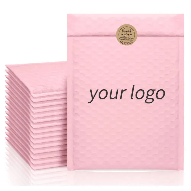 Pink padded poly mailer bags stacked with “your logo” logo text