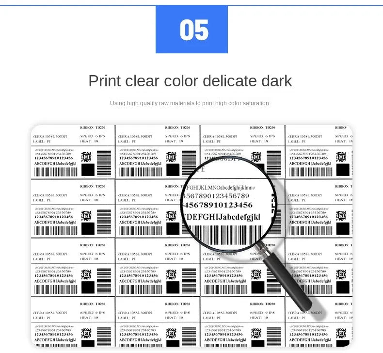 Printed tape roll core with barcode details and magnifier view