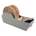Gray manual tape dispenser with paper tape roll mounted and clear tape feed openings