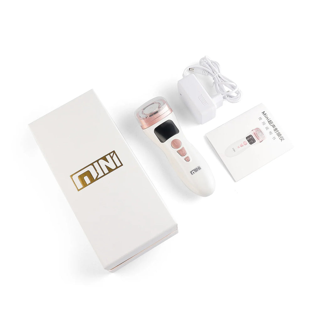 White and rose gold handheld HIFU facial device with a charger, user manual, and branded gift box.