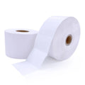 White thermal label jumbo roll with unspooled labels and core visible