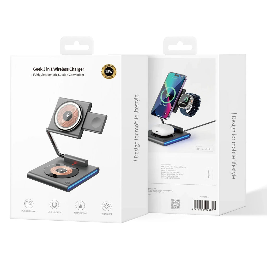 3 in 1 Magnetic Wireless Charger - Foldable 15W Fast Charging Stand Tidesmit