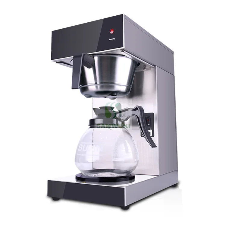 Commercial Bunn stainless steel coffee maker with glass decanter and brewing indicator light on white background.