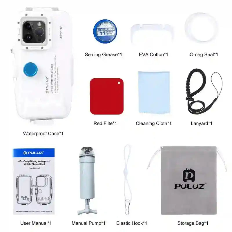 White waterproof diving phone case with red filter, manual pump, sealing grease, O-ring, lanyard, and storage bag.