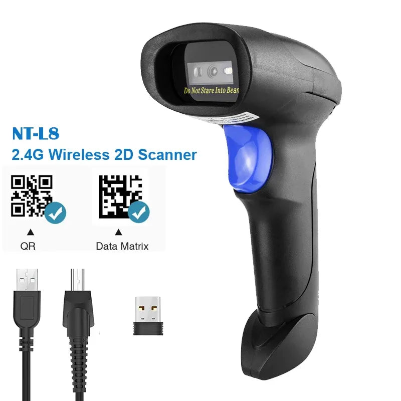Black 2.4G wireless 2D barcode scanner with blue scan light and USB cable options